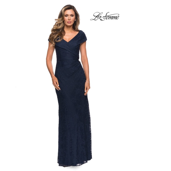 NEW LA FEMME Navy PORTRAIT NECK Ruched Waist SPARKLE LACE Trumpet EVENING GOWN 8 - Picture 15 of 16